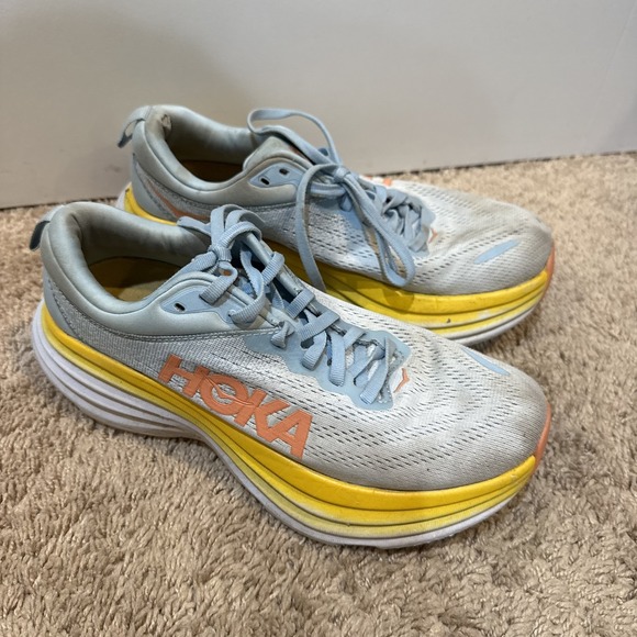 Hoka Bondi 8 Shoes Mens Size 10??? Blue Yellow Max Cushion Running Road Sneakers - Picture 3 of 10
